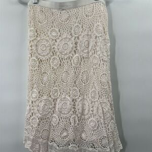 Women's High-Waisted Midi Skirt Cream Crochet Lace Overlay Casual Size S